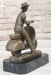 Man Riding Moped Bike Solid Bronze Sculpture Collectible