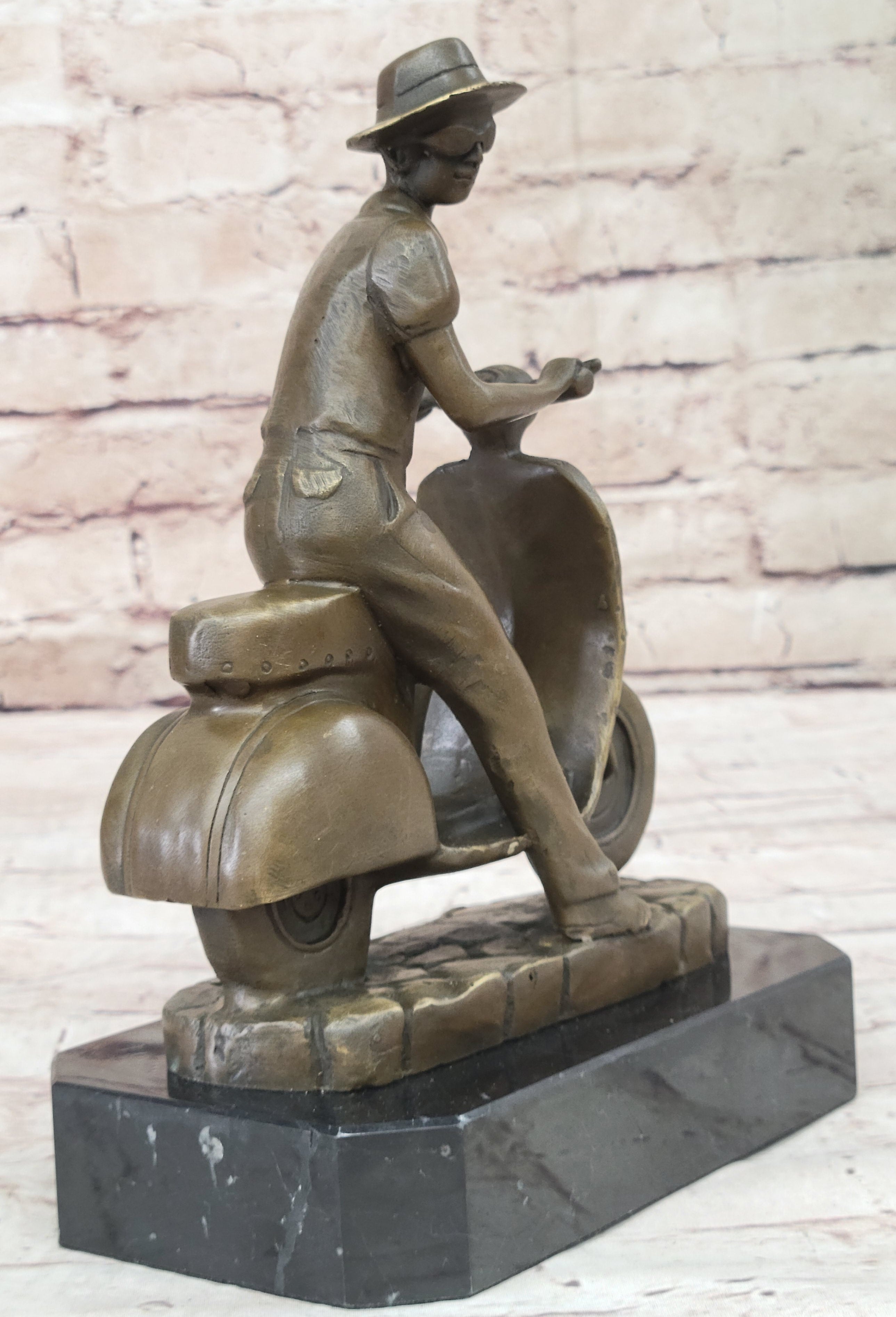 Man Riding Moped Bike Solid Bronze Sculpture Collectible