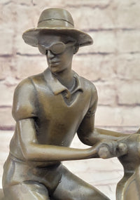 Man Riding Moped Bike Solid Bronze Sculpture Collectible