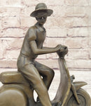 Man Riding Moped Bike Solid Bronze Sculpture Collectible