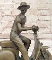 Man Riding Moped Bike Solid Bronze Sculpture Collectible