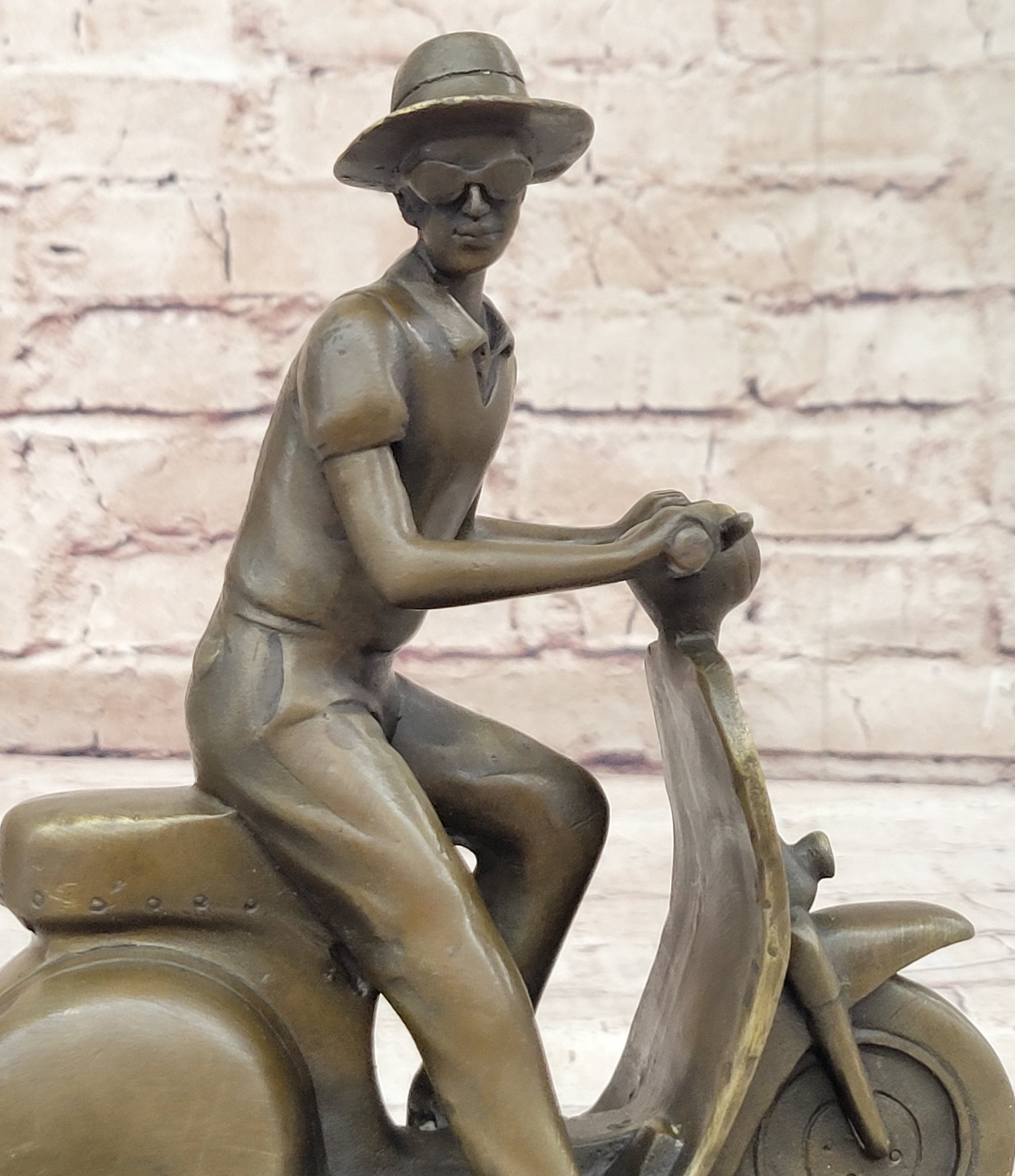 Man Riding Moped Bike Solid Bronze Sculpture Collectible