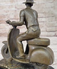 Man Riding Moped Bike Solid Bronze Sculpture Collectible