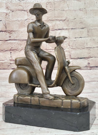 Man Riding Moped Bike Solid Bronze Sculpture Collectible