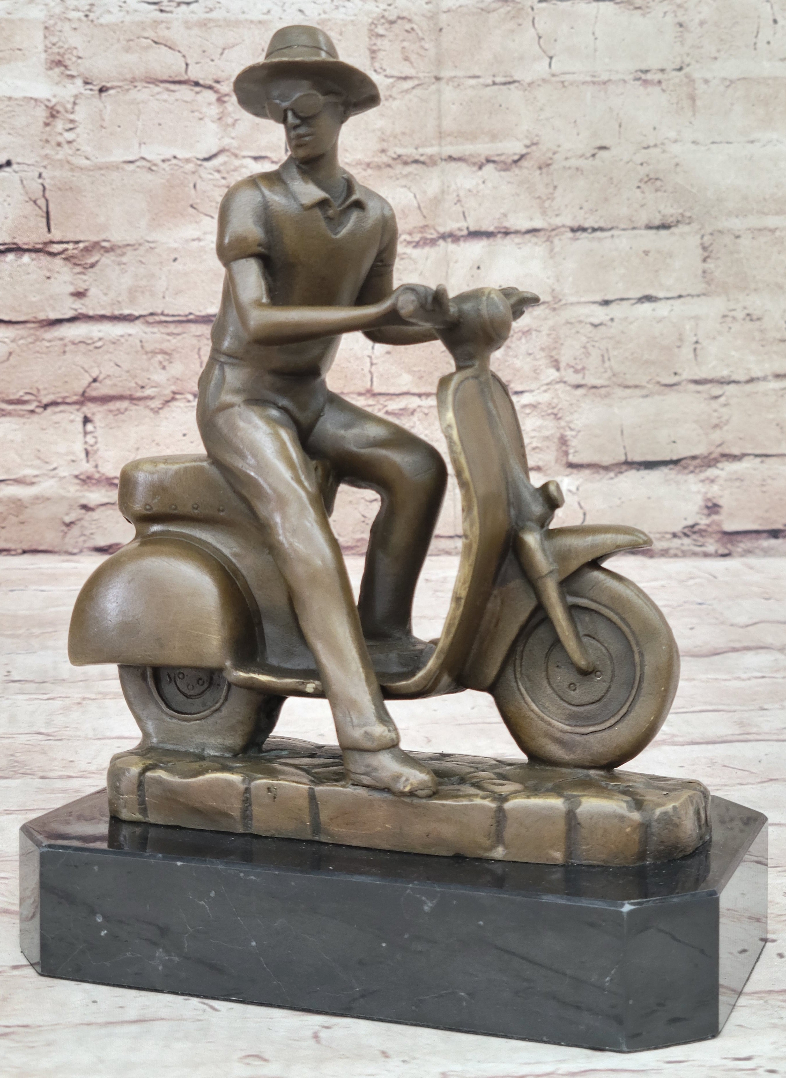 Man Riding Moped Bike Solid Bronze Sculpture Collectible