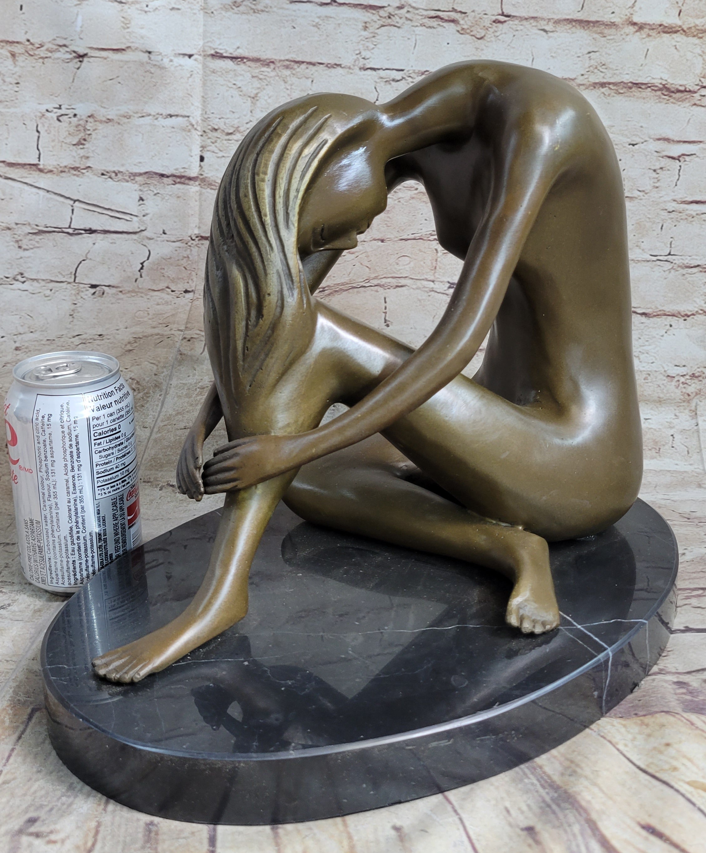 Nude Female Figure Seated with Head to Knee Bronze Sculpture Statue Figurine Marble Base