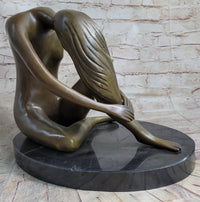 Nude Female Figure Seated with Head to Knee Bronze Sculpture Statue Figurine Marble Base