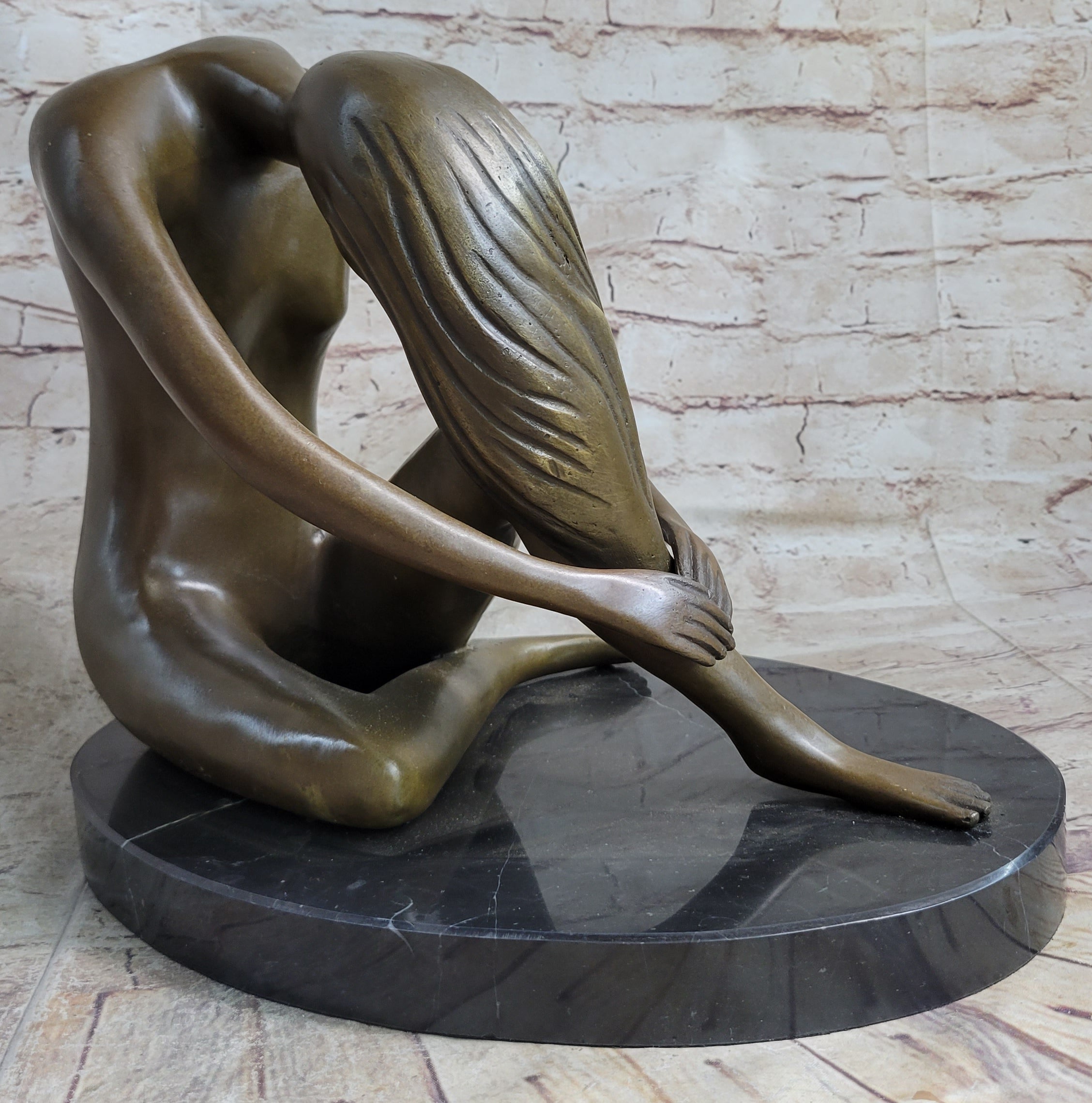 Nude Female Figure Seated with Head to Knee Bronze Sculpture Statue Figurine Marble Base