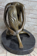 Nude Female Figure Seated with Head to Knee Bronze Sculpture Statue Figurine Marble Base