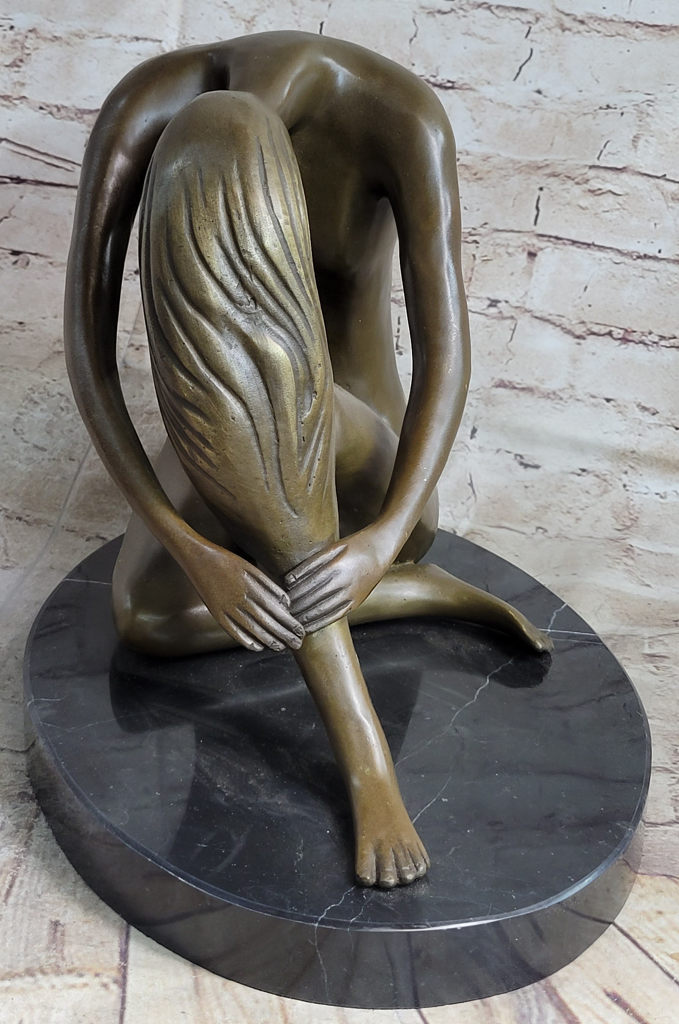 Nude Female Figure Seated with Head to Knee Bronze Sculpture Statue Figurine Marble Base