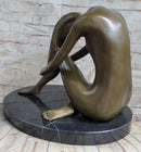 Nude Female Figure Seated with Head to Knee Bronze Sculpture Statue Figurine Marble Base