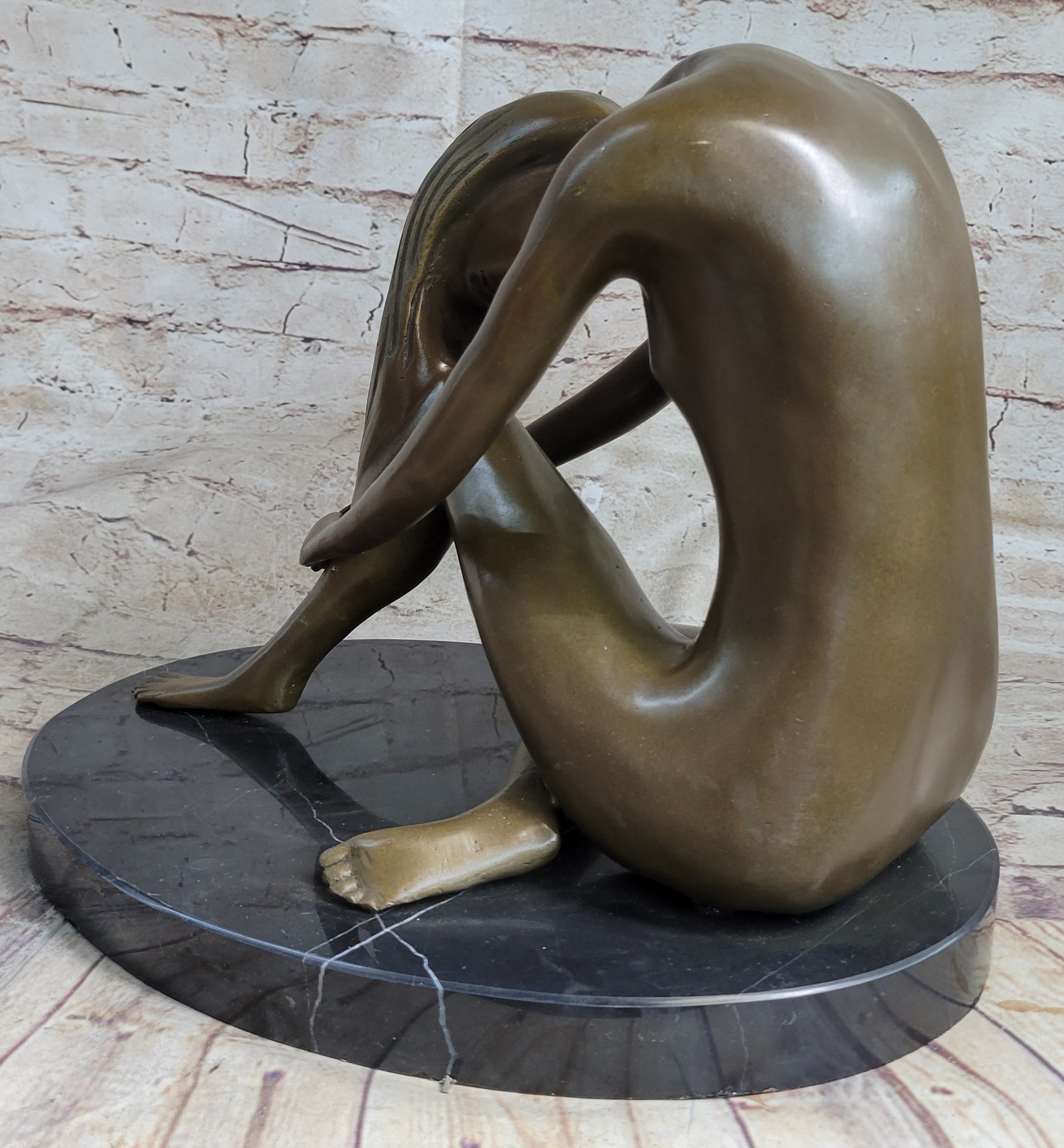 Nude Female Figure Seated with Head to Knee Bronze Sculpture Statue Figurine Marble Base