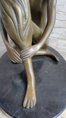 Nude Female Figure Seated with Head to Knee Bronze Sculpture Statue Figurine Marble Base