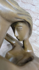 Nude Female Figure Seated with Head to Knee Bronze Sculpture Statue Figurine Marble Base