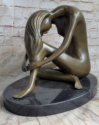 Nude Female Figure Seated with Head to Knee Bronze Sculpture Statue Figurine Marble Base