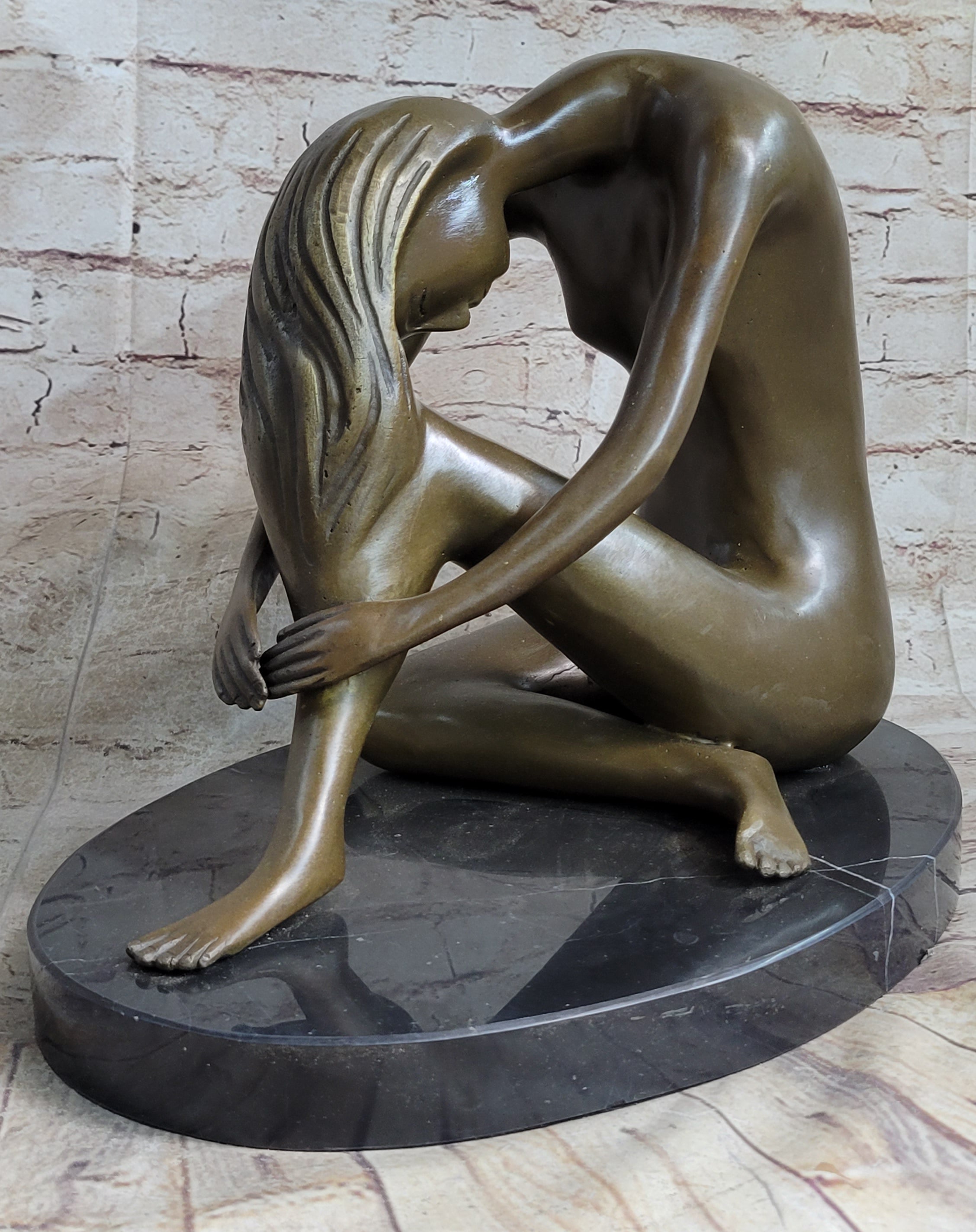 Nude Female Figure Seated with Head to Knee Bronze Sculpture Statue Figurine Marble Base
