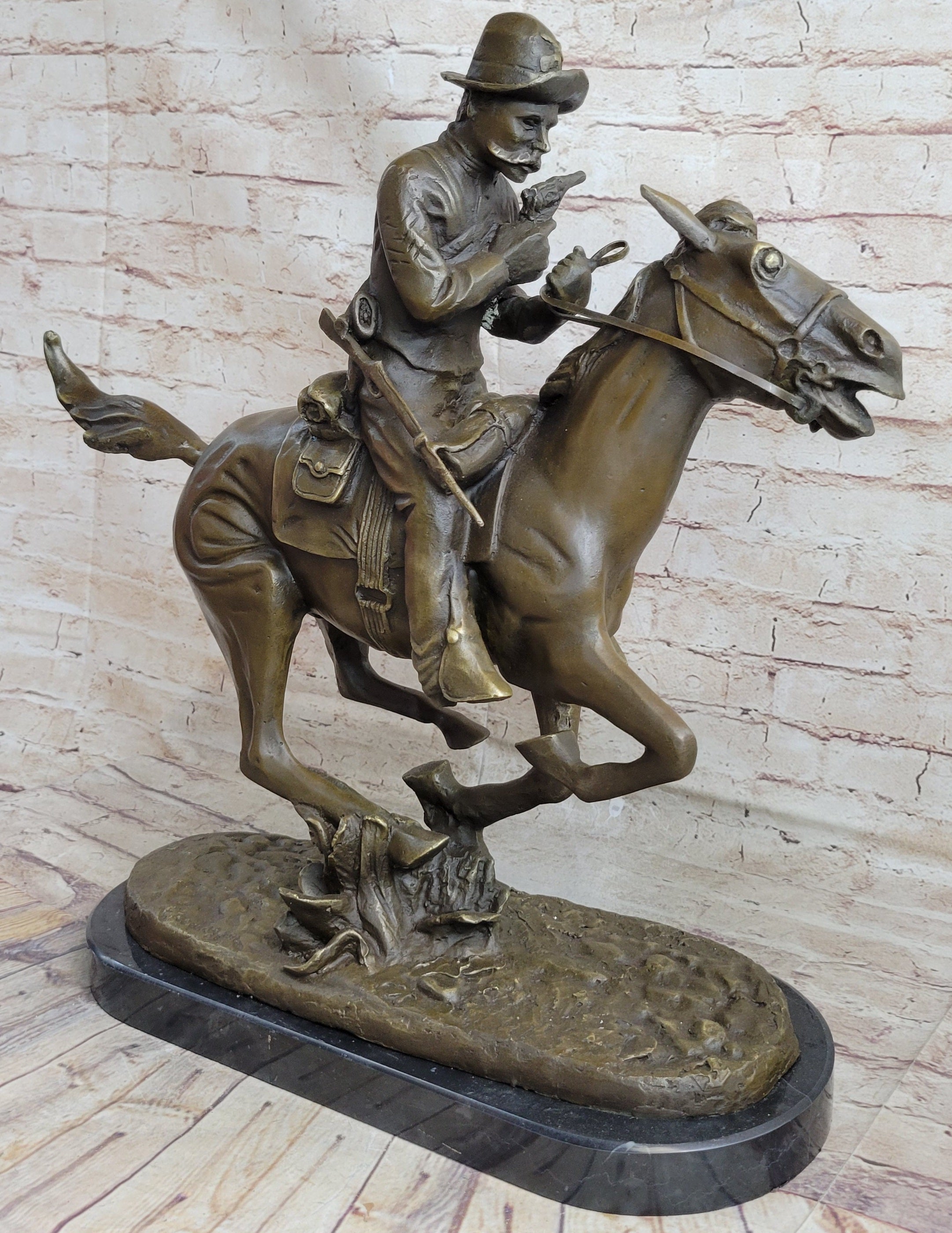 Large Remington Tribute 2 Cowboy and Horse w Gun Bronze
