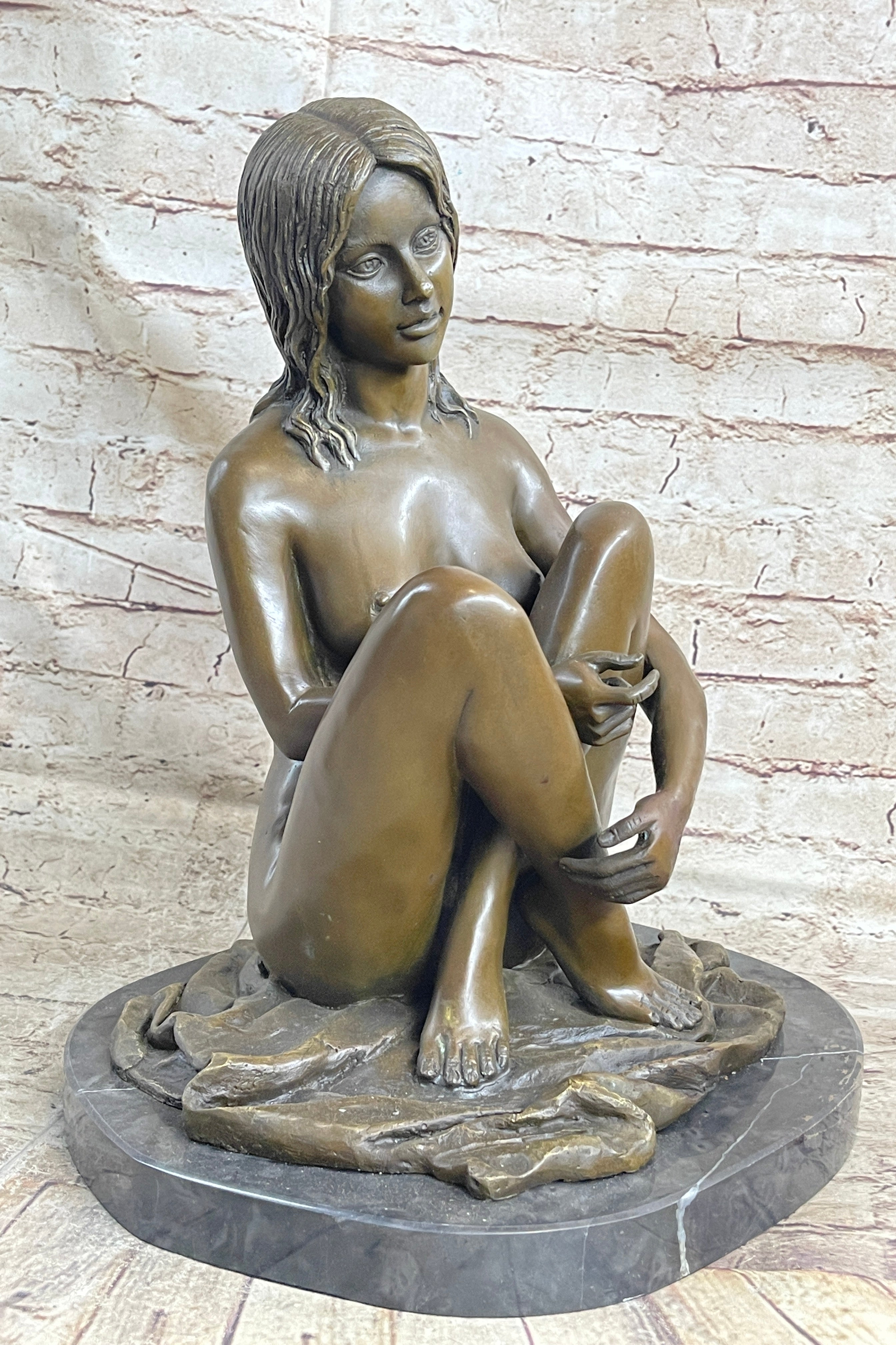 Nude Girl Sitting Cross Legged Figure Sculpture on Marble Base