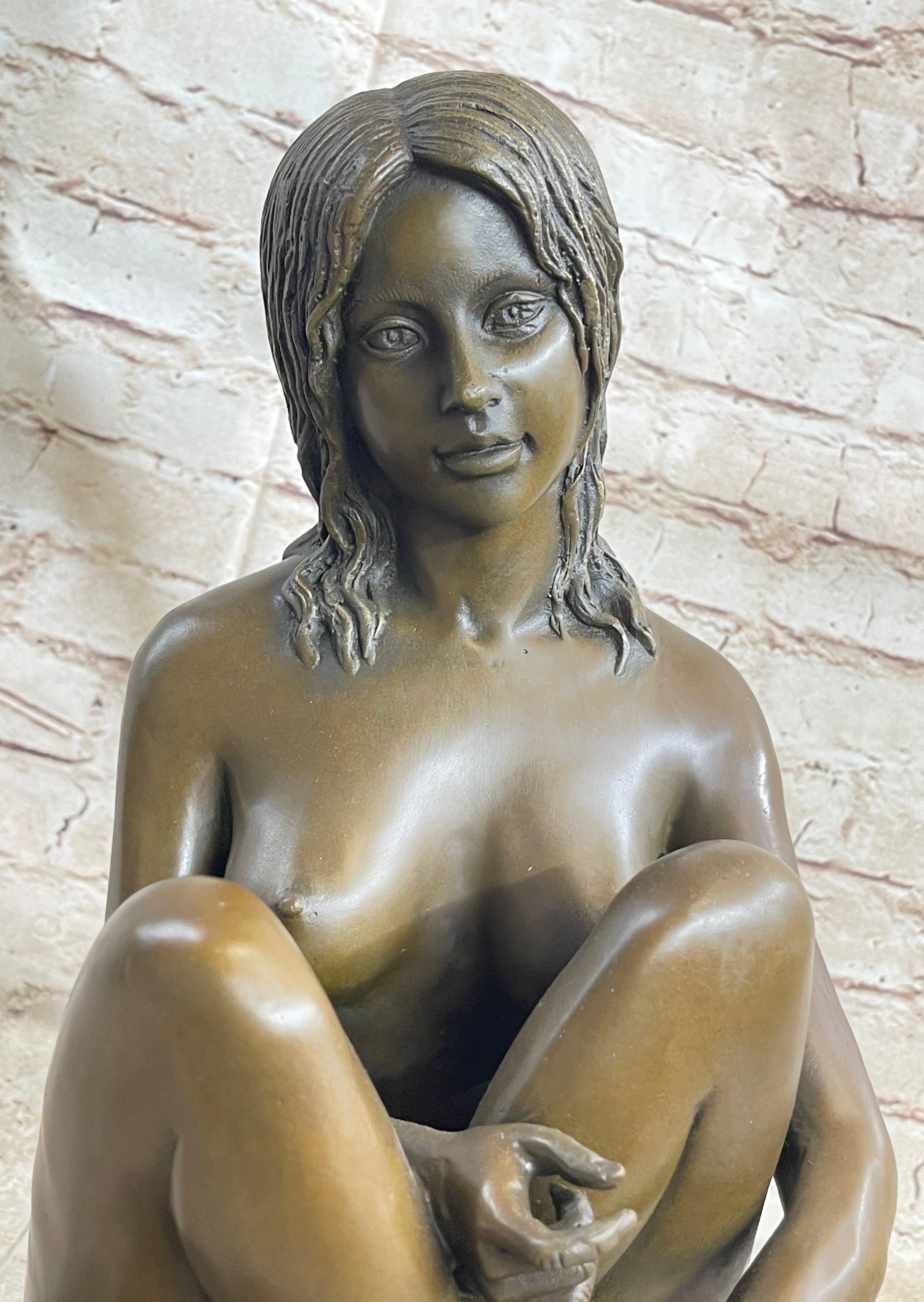 Nude Girl Sitting Cross Legged Figure Sculpture on Marble Base