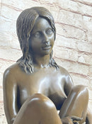 Nude Girl Sitting Cross Legged Figure Sculpture on Marble Base