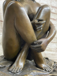 Nude Girl Sitting Cross Legged Figure Sculpture on Marble Base