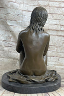 Nude Girl Sitting Cross Legged Figure Sculpture on Marble Base