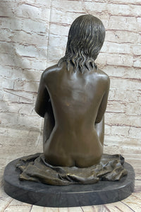 Nude Girl Sitting Cross Legged Figure Sculpture on Marble Base