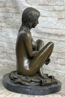 Nude Girl Sitting Cross Legged Figure Sculpture on Marble Base