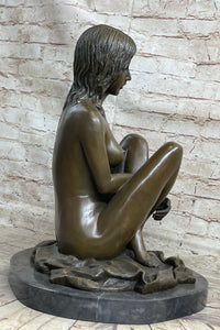 Nude Girl Sitting Cross Legged Figure Sculpture on Marble Base