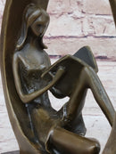 Signed Original Abstract Modern Art Girl Reading Book Bronze