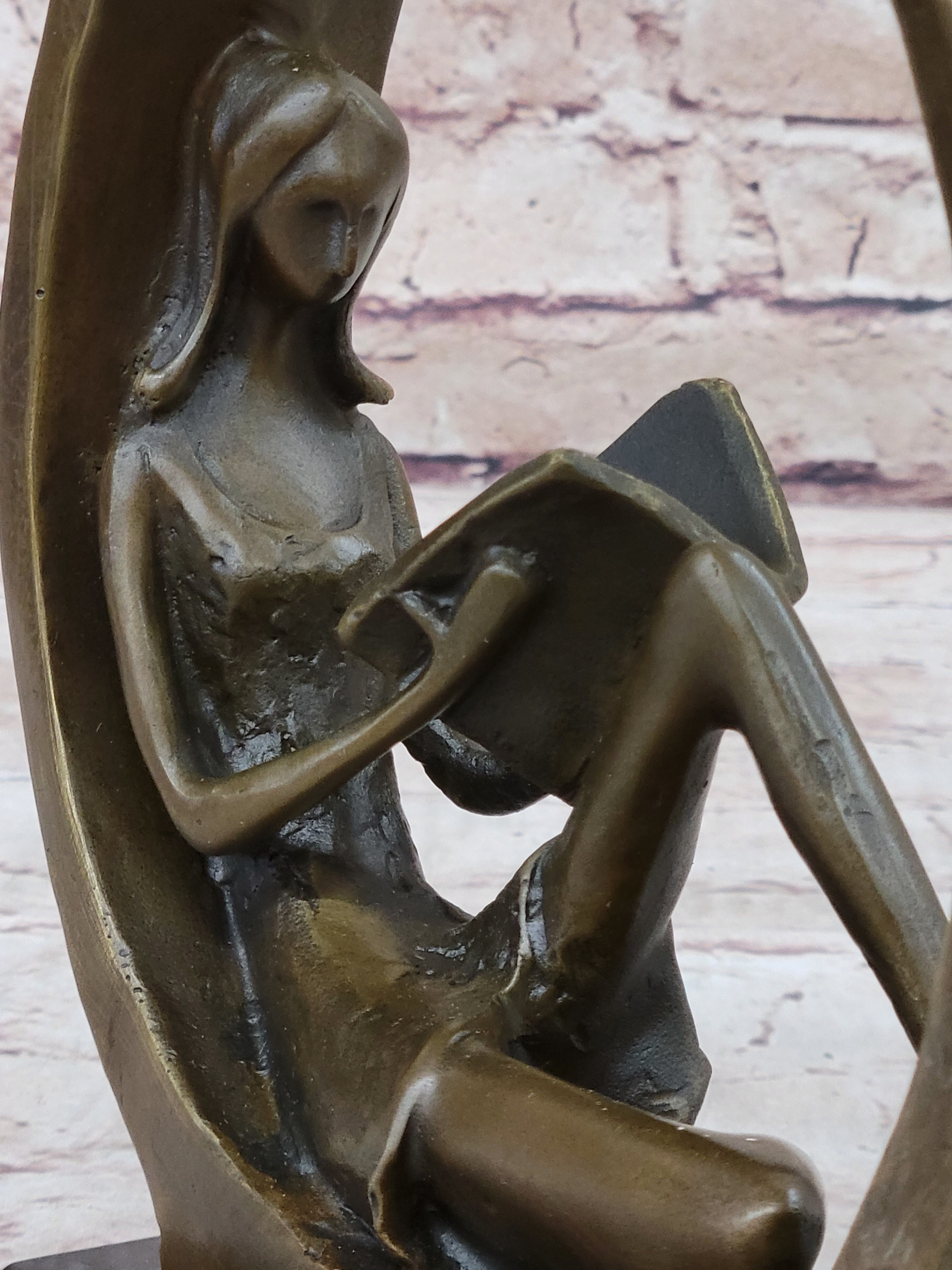 Signed Original Abstract Modern Art Girl Reading Book Bronze