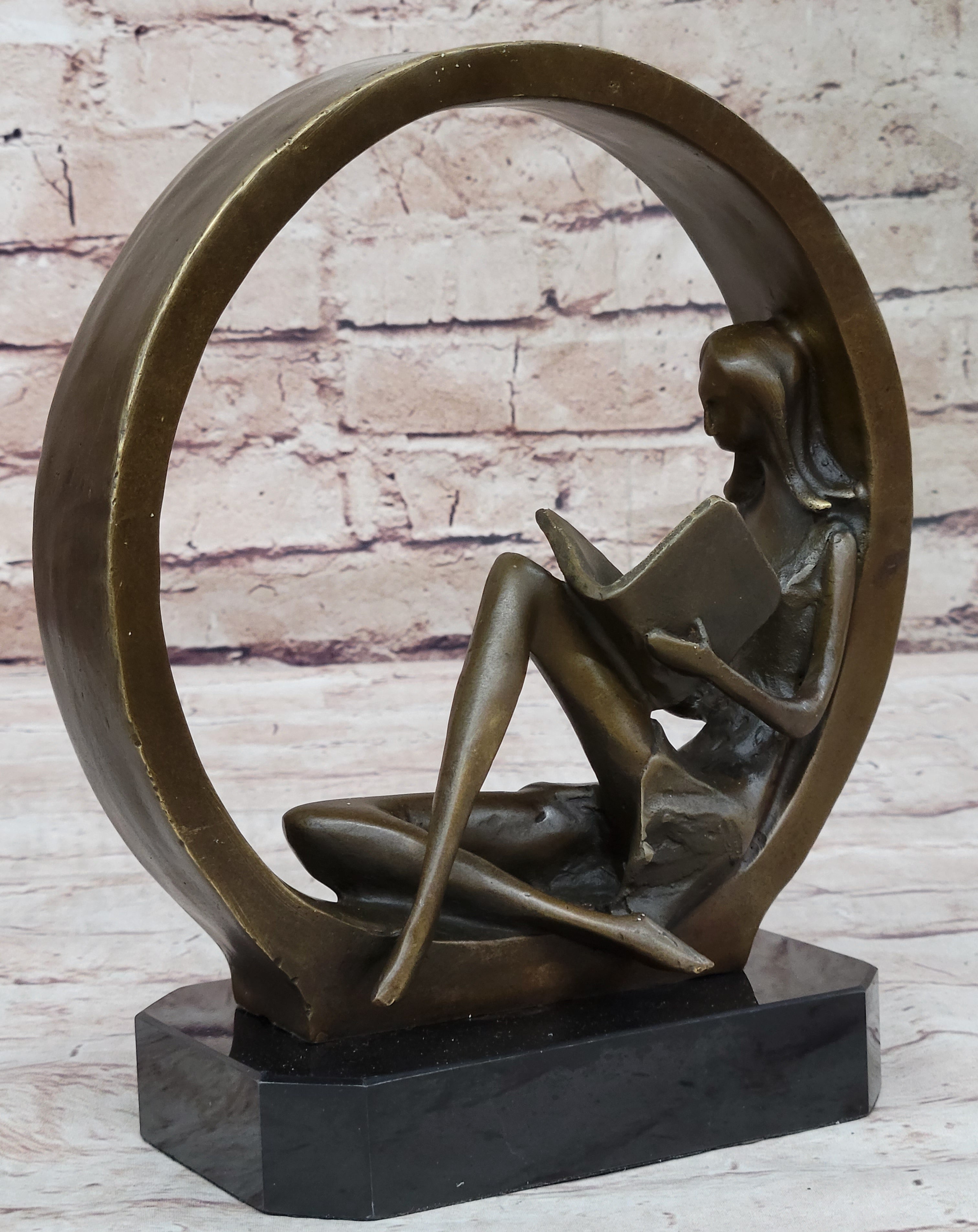 Signed Original Abstract Modern Art Girl Reading Book Bronze