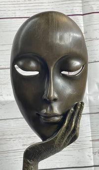 Abstract Surreal Bronze Floating Female Face Mask Sculpture