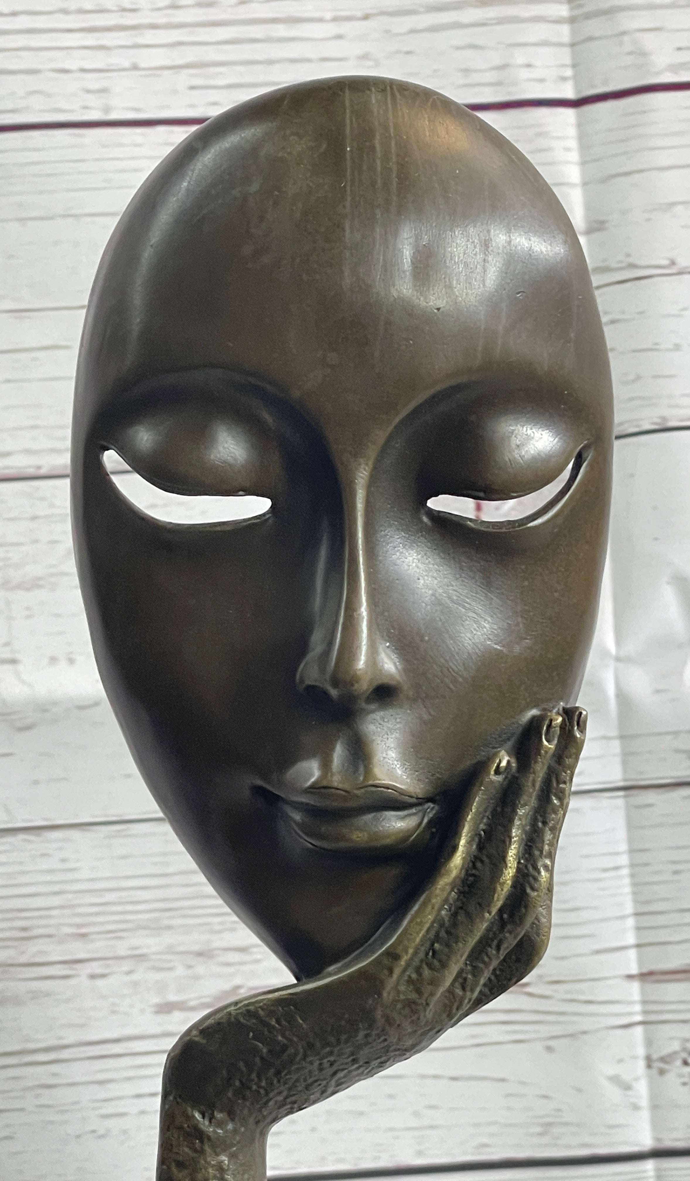 Abstract Surreal Bronze Floating Female Face Mask Sculpture