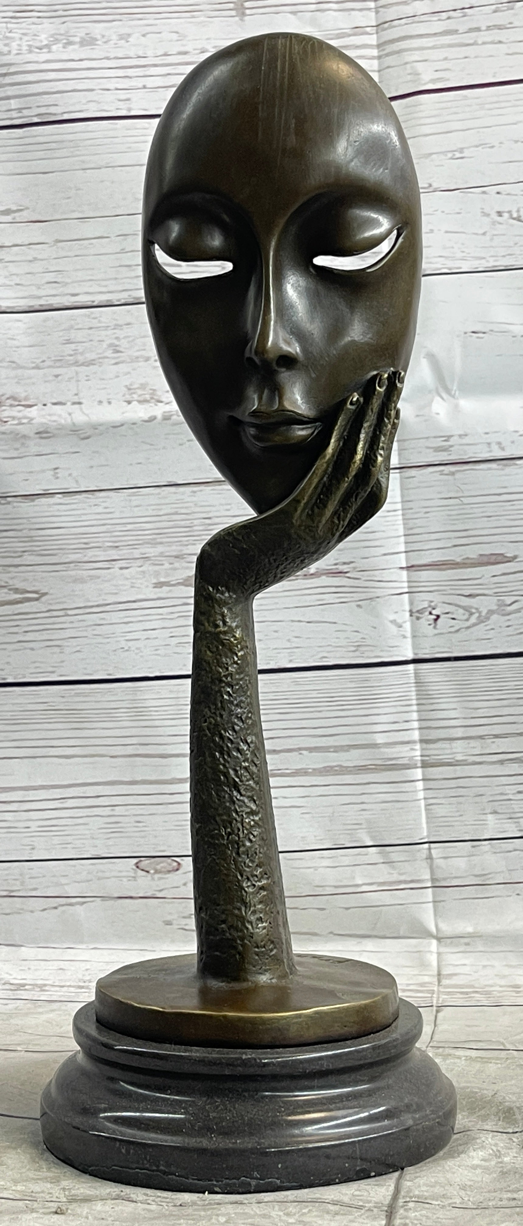 Abstract Surreal Bronze Floating Female Face Mask Sculpture