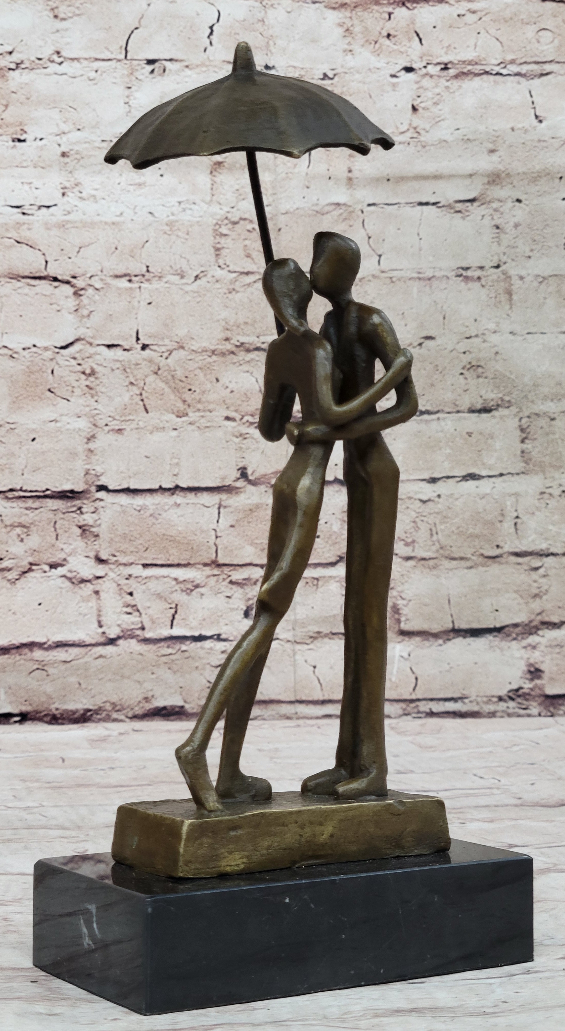 Lovers Romantic Kiss Under Umbrella Abstract Bronze Sculpture