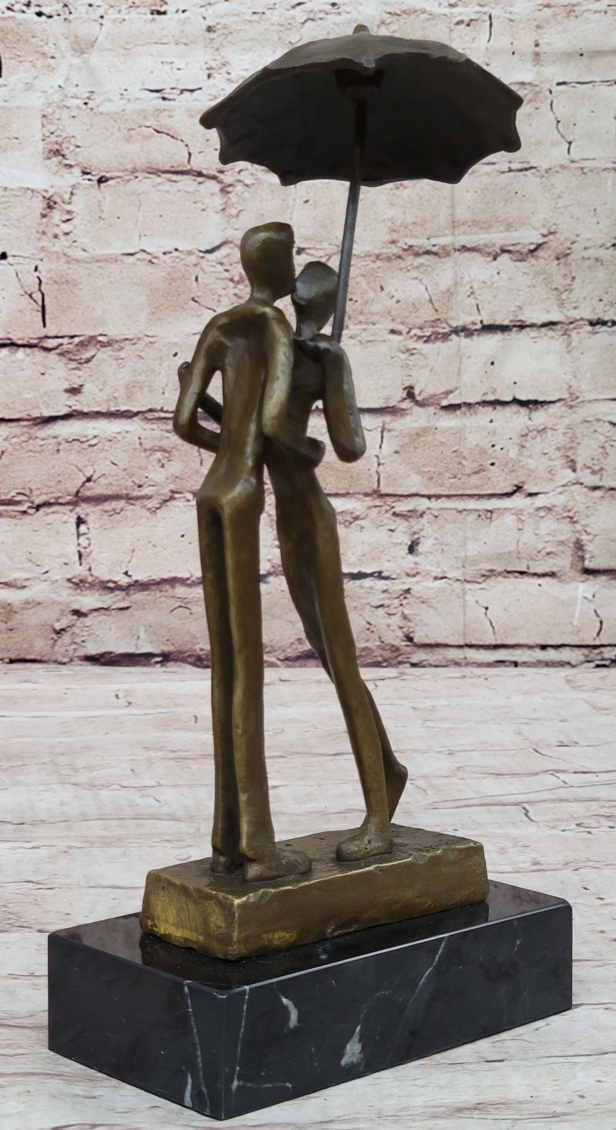 Lovers Romantic Kiss Under Umbrella Abstract Bronze Sculpture