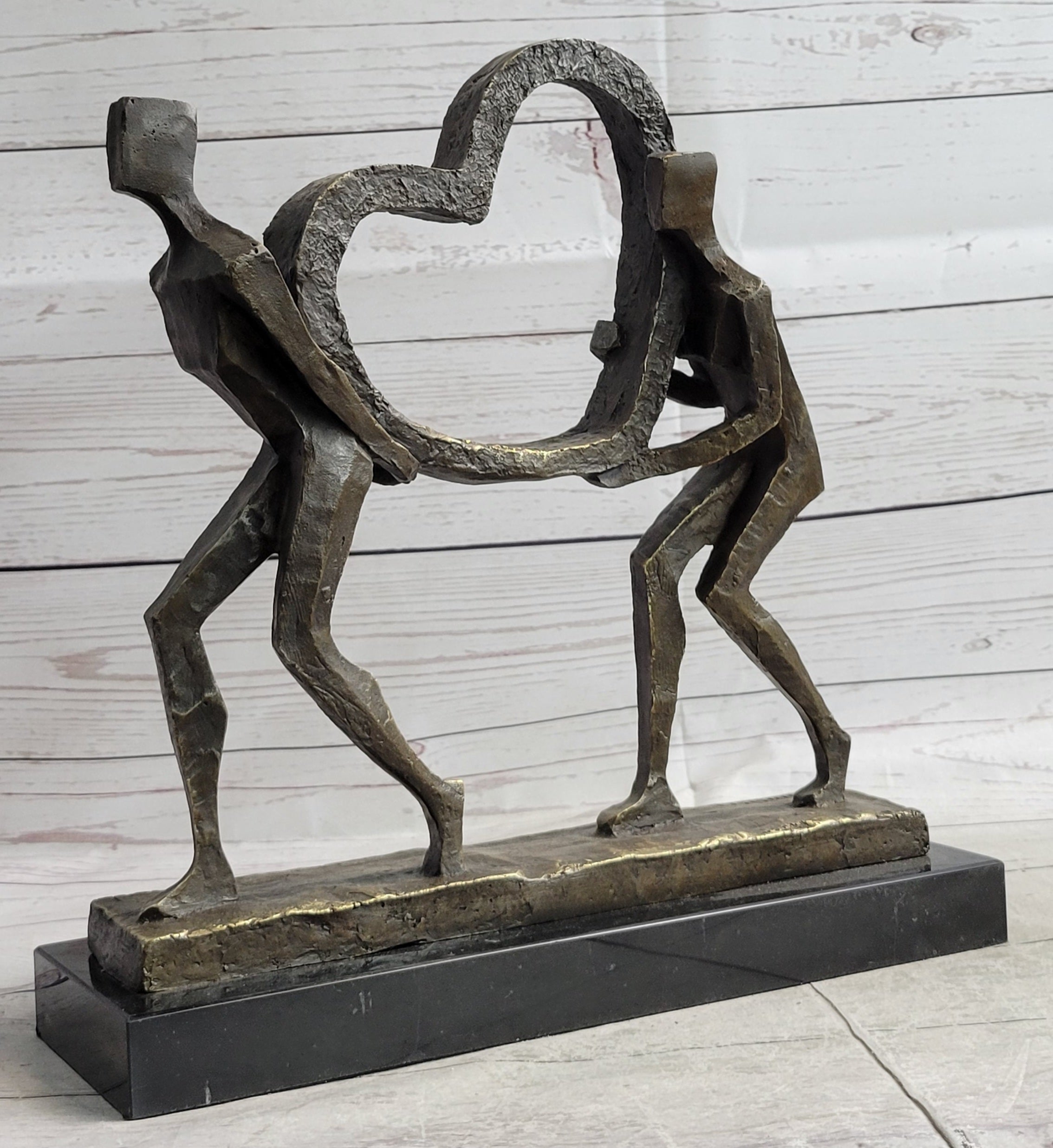 Abstract Modern Art Sculpture Couple Carrying Heart - Bronze