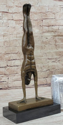 Nude Muscular Male Doing Handstand Bronze Statue Sculpture Figure on Marble Base