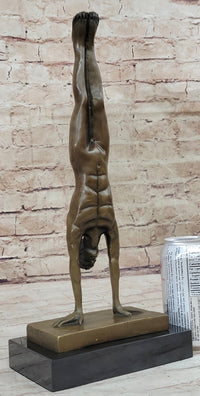Nude Muscular Male Doing Handstand Bronze Statue Sculpture Figure on Marble Base