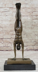 Nude Muscular Male Doing Handstand Bronze Statue Sculpture Figure on Marble Base