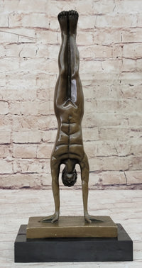 Nude Muscular Male Doing Handstand Bronze Statue Sculpture Figure on Marble Base