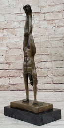 Nude Muscular Male Doing Handstand Bronze Statue Sculpture Figure on Marble Base