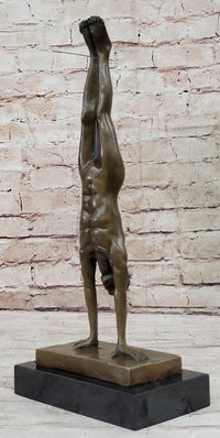 Nude Muscular Male Doing Handstand Bronze Statue Sculpture Figure on Marble Base