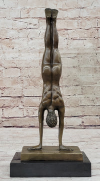 Nude Muscular Male Doing Handstand Bronze Statue Sculpture Figure on Marble Base