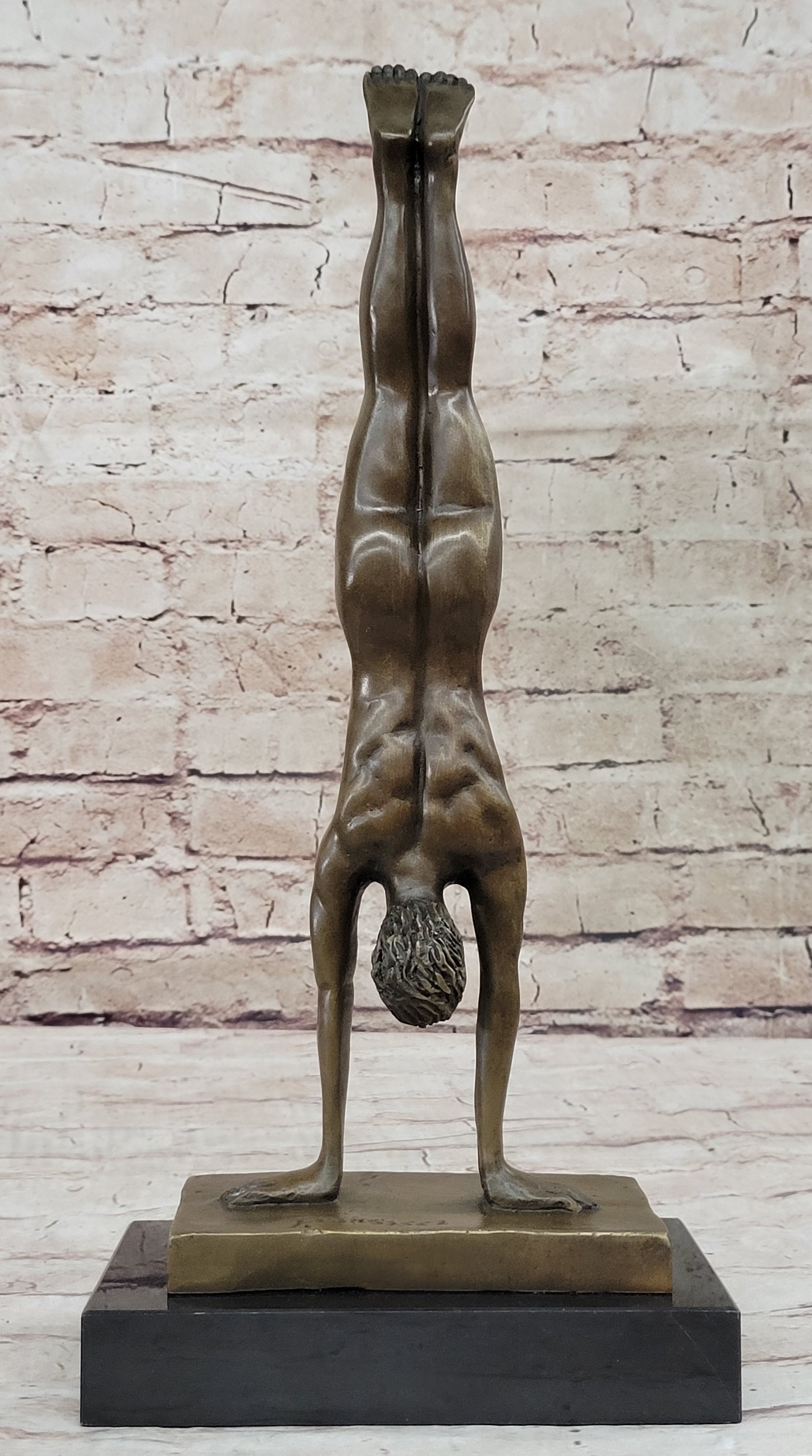 Nude Muscular Male Doing Handstand Bronze Statue Sculpture Figure on Marble Base