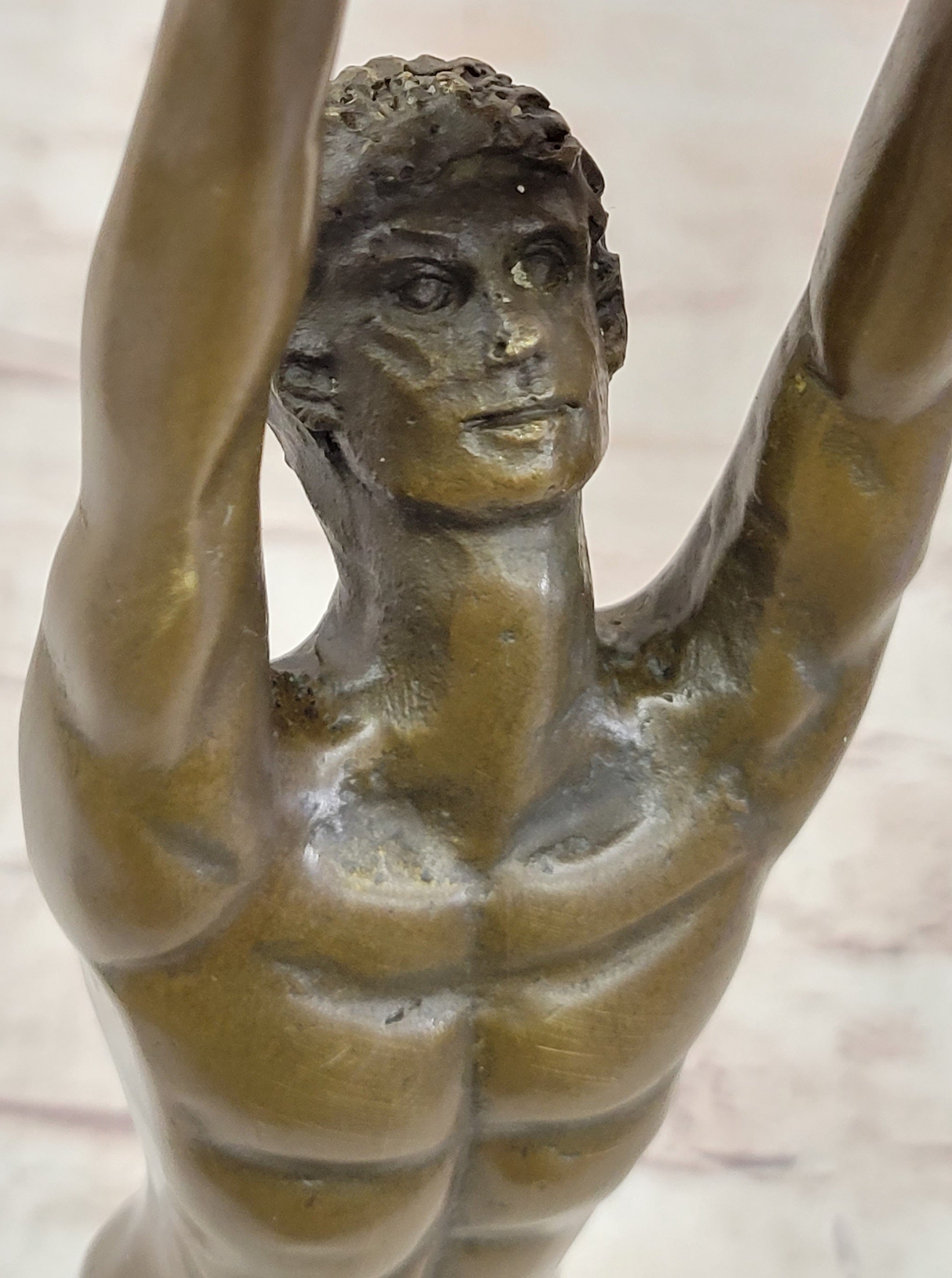 Nude Muscular Male Doing Handstand Bronze Statue Sculpture Figure on Marble Base