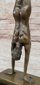 Nude Muscular Male Doing Handstand Bronze Statue Sculpture Figure on Marble Base