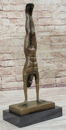 Nude Muscular Male Doing Handstand Bronze Statue Sculpture Figure on Marble Base
