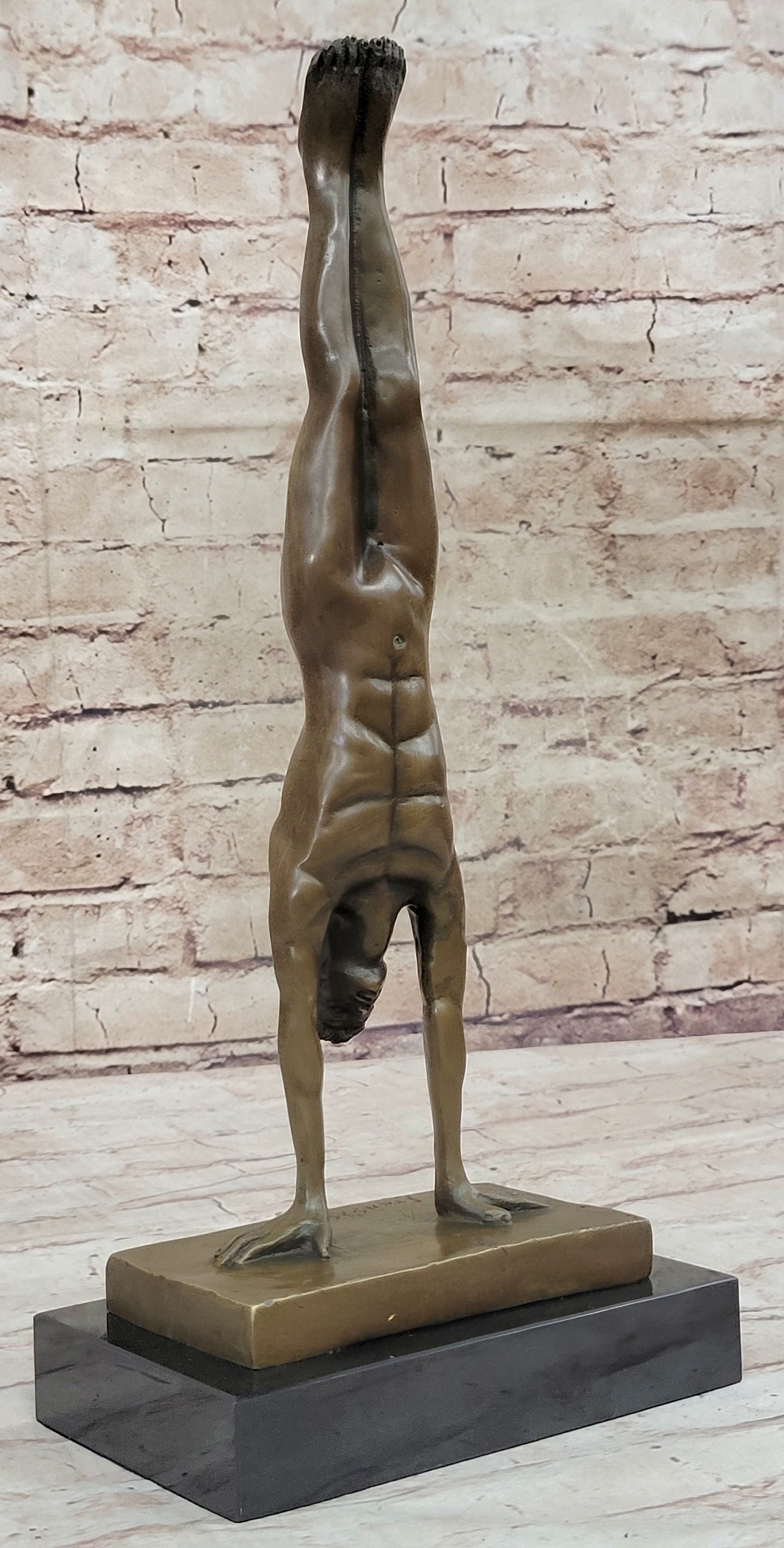 Nude Muscular Male Doing Handstand Bronze Statue Sculpture Figure on Marble Base